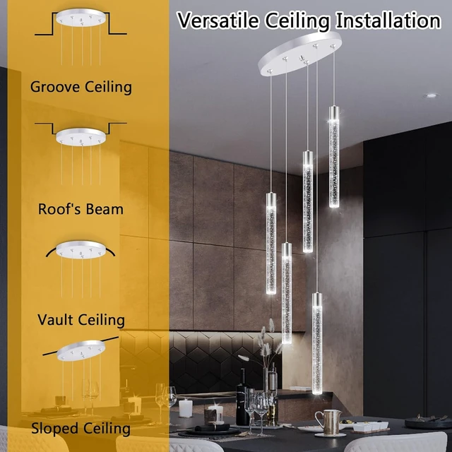 Alt view image 4 of 7 - 5-Lights Modern Crystal Chandelier for Dining Room LED Pendant Lights Kitchen Island Lighting Dimmable Ceiling Hanging 3000K-6000K