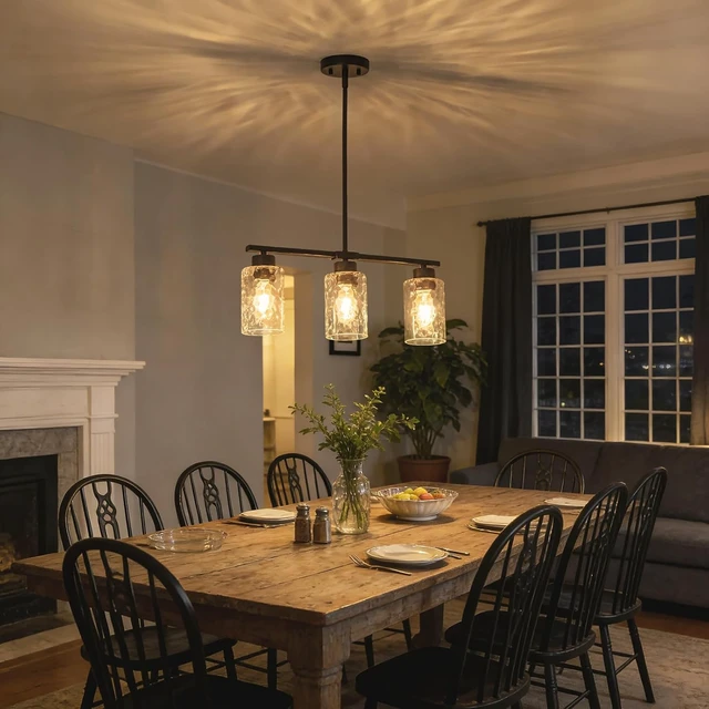 Alt view image 2 of 7 - Hammered Glass Dining Room Light Fixture, 21" Black Kitchen Island Lighting