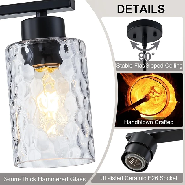 Alt view image 3 of 7 - Hammered Glass Dining Room Light Fixture, 21" Black Kitchen Island Lighting