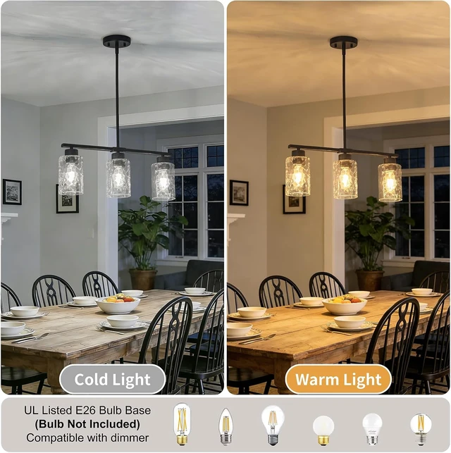Alt view image 4 of 7 - Hammered Glass Dining Room Light Fixture, 21" Black Kitchen Island Lighting