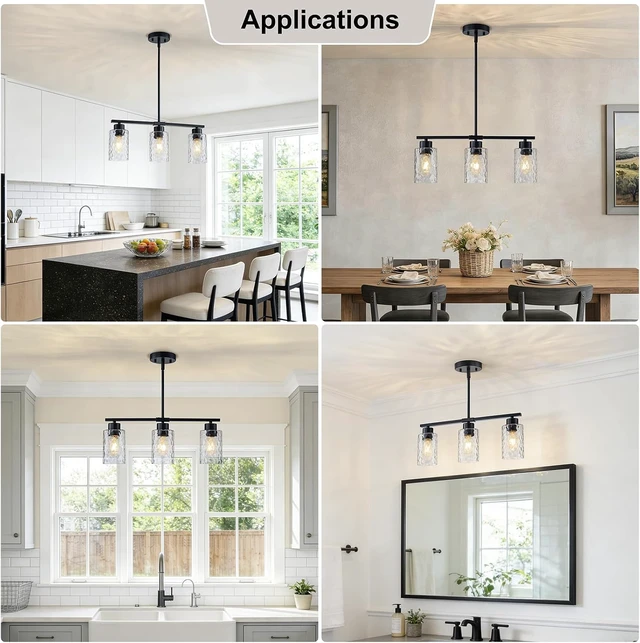 Alt view image 5 of 7 - Hammered Glass Dining Room Light Fixture, 21" Black Kitchen Island Lighting