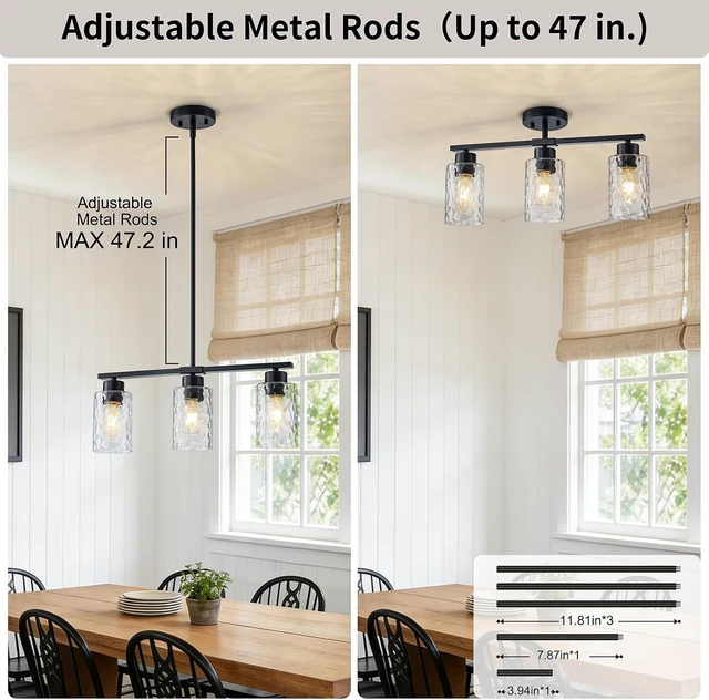 Alt view image 6 of 7 - Hammered Glass Dining Room Light Fixture, 21" Black Kitchen Island Lighting