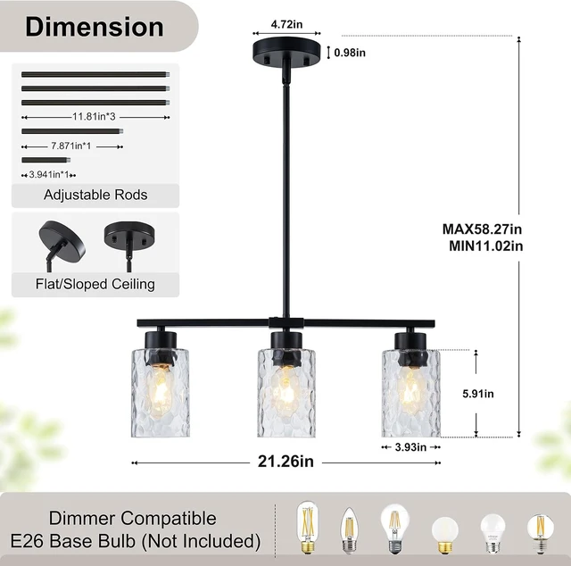 Alt view image 7 of 7 - Hammered Glass Dining Room Light Fixture, 21" Black Kitchen Island Lighting
