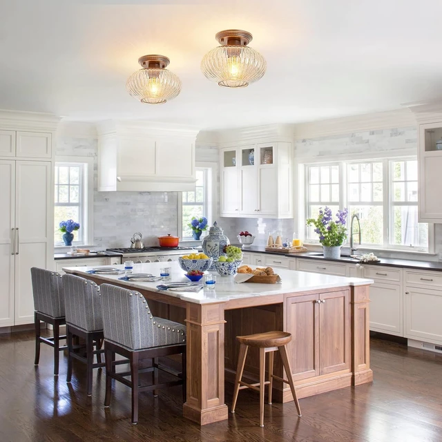 Alt view image 2 of 7 - Semi Flush Mount Ceiling Light, Black Vintage Kitchen Ceiling Lights, Amber Striped Glass Close to Ceiling Light Fixtures for Living Room, Hallway, Bedroom
