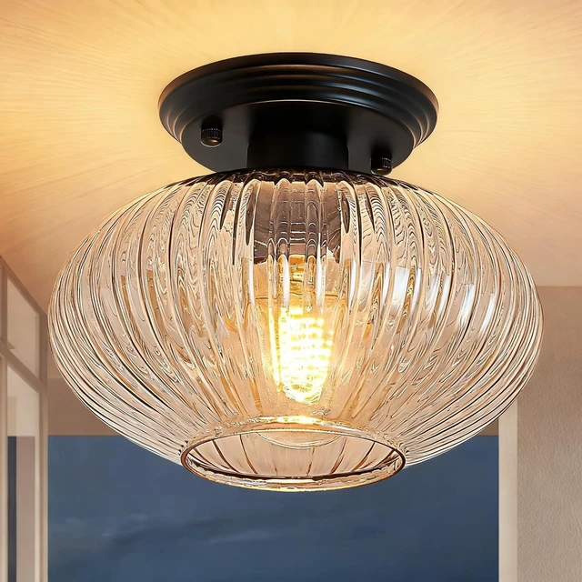 Main image of Semi Flush Mount Ceiling Light, Black Vintage Kitchen Ceiling Lights, Amber Striped Glass Close to Ceiling Light Fixtures for Living Room, Hallway, Bedroom