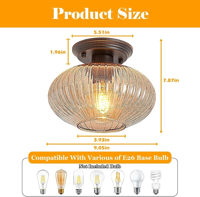 Alt view image 4 of 7 - Semi Flush Mount Ceiling Light, Black Vintage Kitchen Ceiling Lights, Amber Striped Glass Close to Ceiling Light Fixtures for Living Room, Hallway, Bedroom