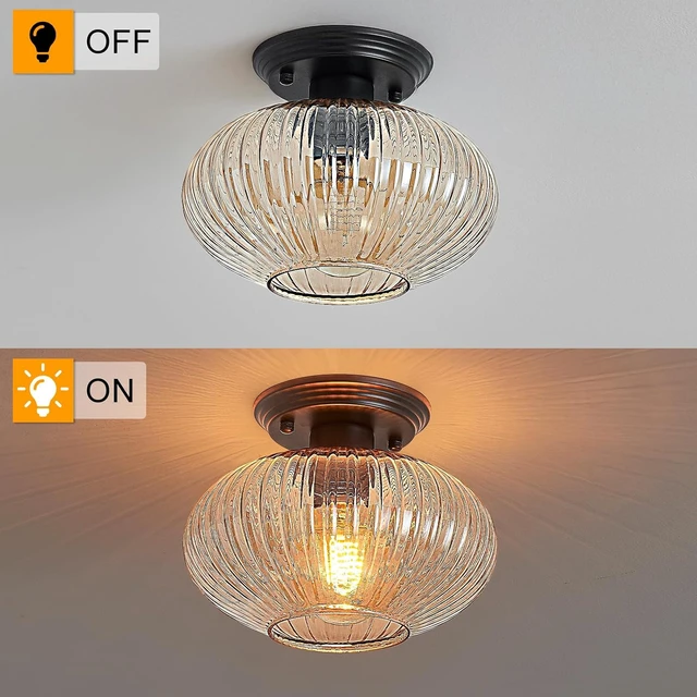 Alt view image 3 of 7 - Semi Flush Mount Ceiling Light, Black Vintage Kitchen Ceiling Lights, Amber Striped Glass Close to Ceiling Light Fixtures for Living Room, Hallway, Bedroom