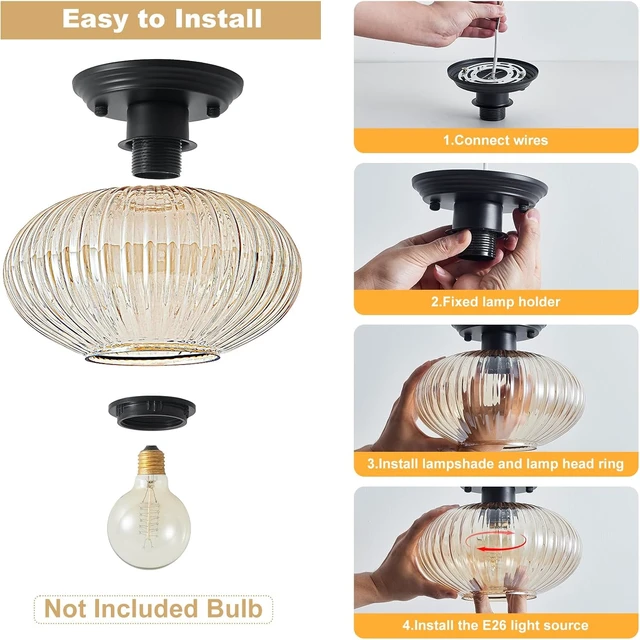 Alt view image 6 of 7 - Semi Flush Mount Ceiling Light, Black Vintage Kitchen Ceiling Lights, Amber Striped Glass Close to Ceiling Light Fixtures for Living Room, Hallway, Bedroom