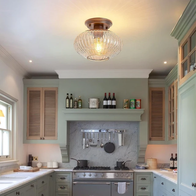 Alt view image 7 of 7 - Semi Flush Mount Ceiling Light, Black Vintage Kitchen Ceiling Lights, Amber Striped Glass Close to Ceiling Light Fixtures for Living Room, Hallway, Bedroom
