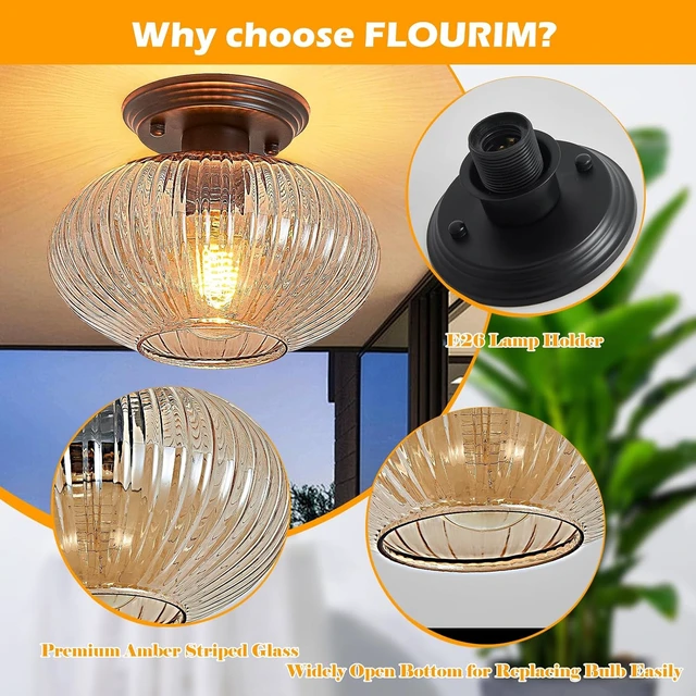 Alt view image 5 of 7 - Semi Flush Mount Ceiling Light, Black Vintage Kitchen Ceiling Lights, Amber Striped Glass Close to Ceiling Light Fixtures for Living Room, Hallway, Bedroom