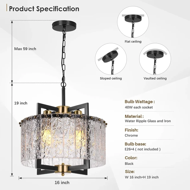 Alt view image 3 of 7 - Glass Pendant Light:Crystal Black Chandelier Modern Drum Hanging Fixture