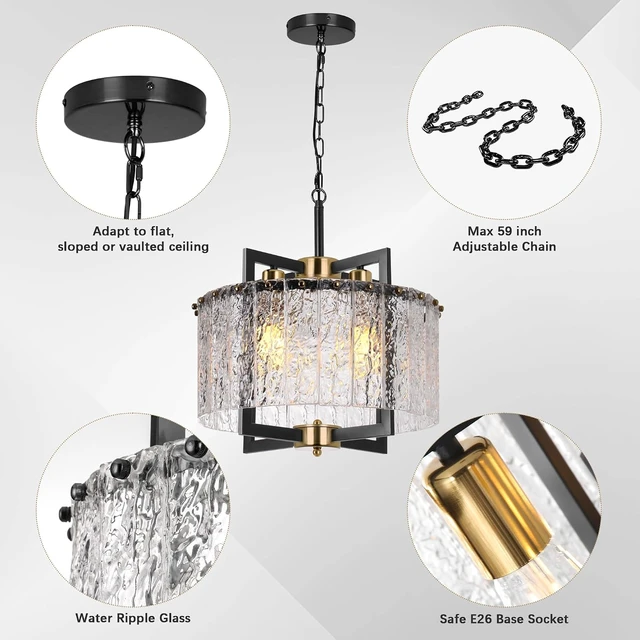 Alt view image 5 of 7 - Glass Pendant Light:Crystal Black Chandelier Modern Drum Hanging Fixture