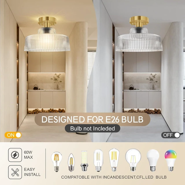 Alt view image 2 of 7 - BoostArea Industrial Semi Flush Mount Ceiling Light,Vintage Hanging Ceiling Lamp with Glass Shade, Farmhouse Light Fixture for Porch Hallway Corridor Kitchen Bathroom Bedroom, Bulb Not Included