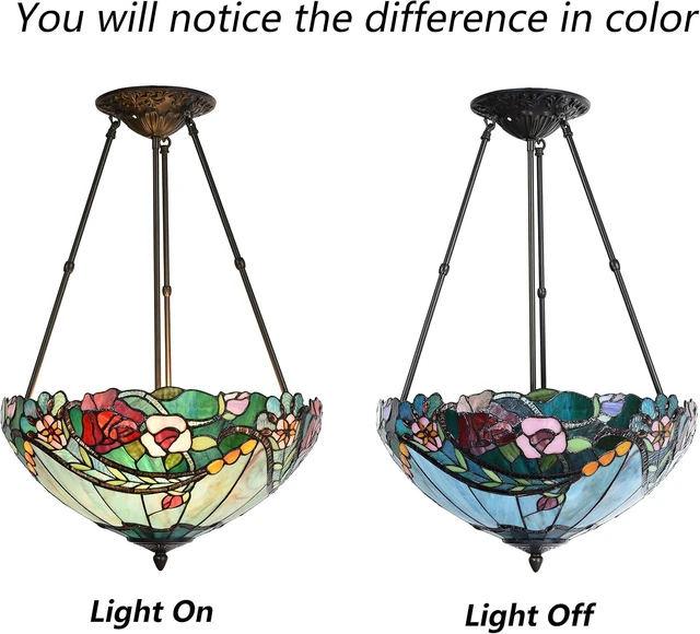 Alt view image 2 of 7 - Bieye L10741 Rose Flower Tiffany Style Stained Glass Ceiling Pendant Light with 18-inch Wide Lampshade, 3 Lights