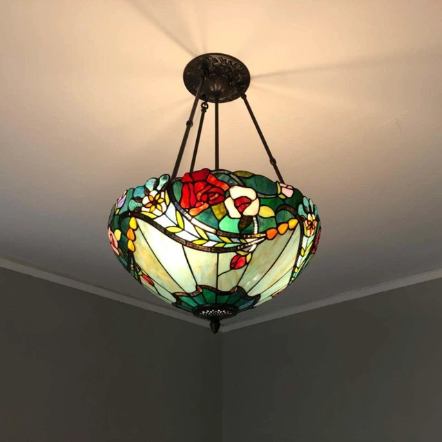 Alt view image 7 of 7 - Bieye L10741 Rose Flower Tiffany Style Stained Glass Ceiling Pendant Light with 18-inch Wide Lampshade, 3 Lights