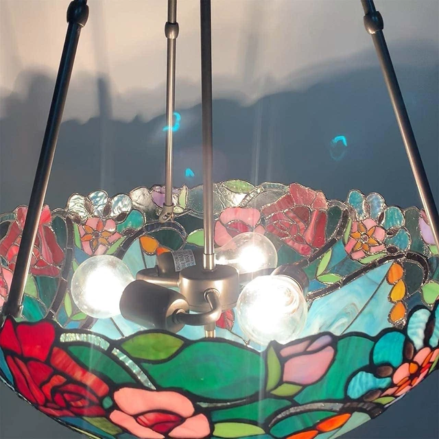 Alt view image 6 of 7 - Bieye L10741 Rose Flower Tiffany Style Stained Glass Ceiling Pendant Light with 18-inch Wide Lampshade, 3 Lights