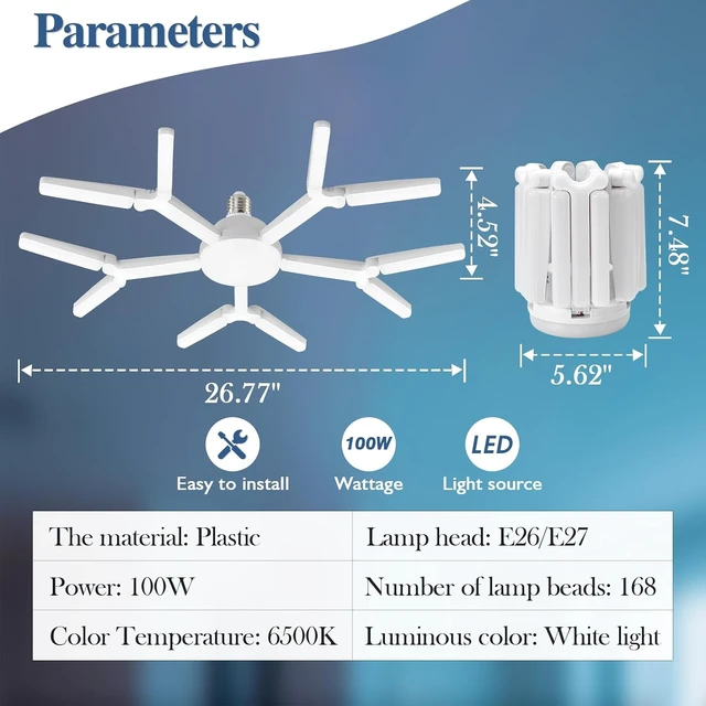 Alt view image 2 of 7 - 2 Pack Garage Light Super Bright 6500K LED Ceiling Lamp Deformable Screw in E26/E27 Shop Light for Workshop Basement Attic Warehouse