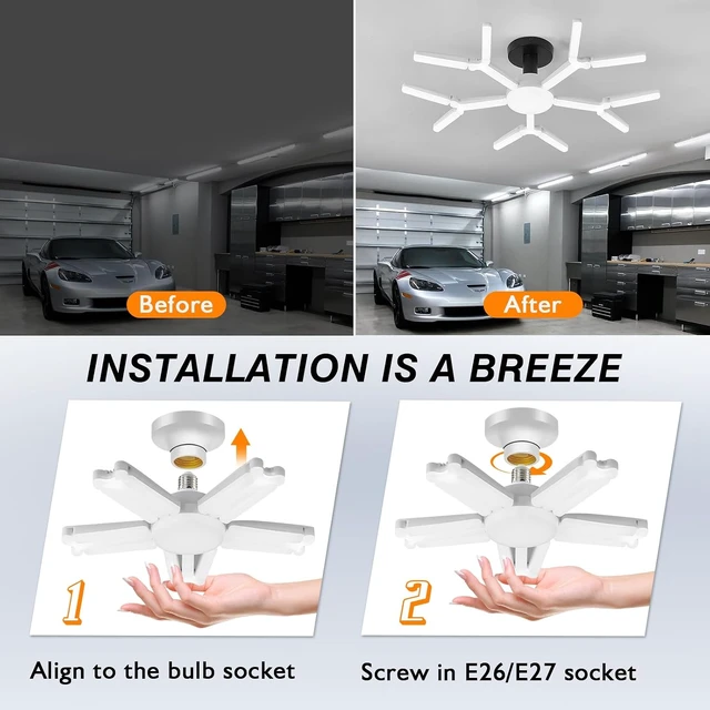 Alt view image 3 of 7 - 2 Pack Garage Light Super Bright 6500K LED Ceiling Lamp Deformable Screw in E26/E27 Shop Light for Workshop Basement Attic Warehouse