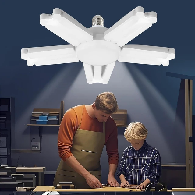 Alt view image 5 of 7 - 2 Pack Garage Light Super Bright 6500K LED Ceiling Lamp Deformable Screw in E26/E27 Shop Light for Workshop Basement Attic Warehouse