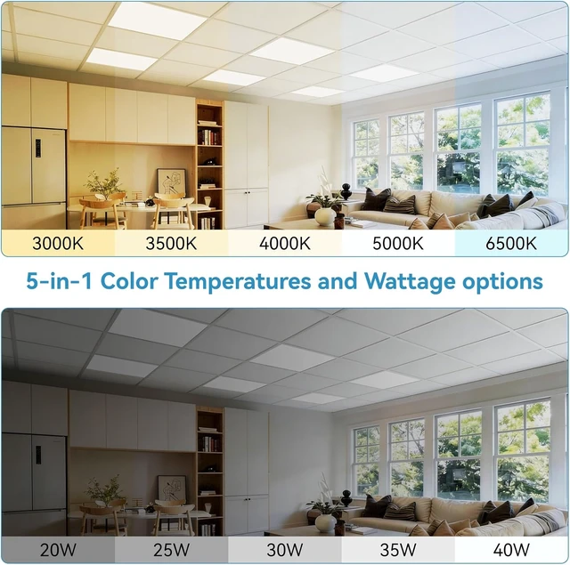 Alt view image 2 of 7 - 2x2 LED Flat Panel Light 2-Pack, Drop Ceiling Fixture, 5 Wattage Selectable (20W/25W/30W/35W/40W), 5 CCT (3000K-6500K), 0-10V Dimmable, ETL/DLC Listed for Office & Kitchen