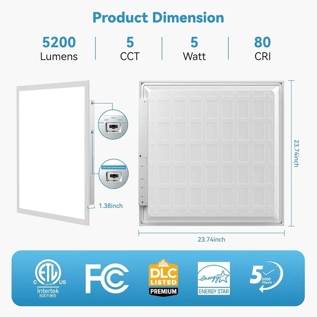 Alt view image 5 of 7 - 2x2 LED Flat Panel Light 2-Pack, Drop Ceiling Fixture, 5 Wattage Selectable (20W/25W/30W/35W/40W), 5 CCT (3000K-6500K), 0-10V Dimmable, ETL/DLC Listed for Office & Kitchen