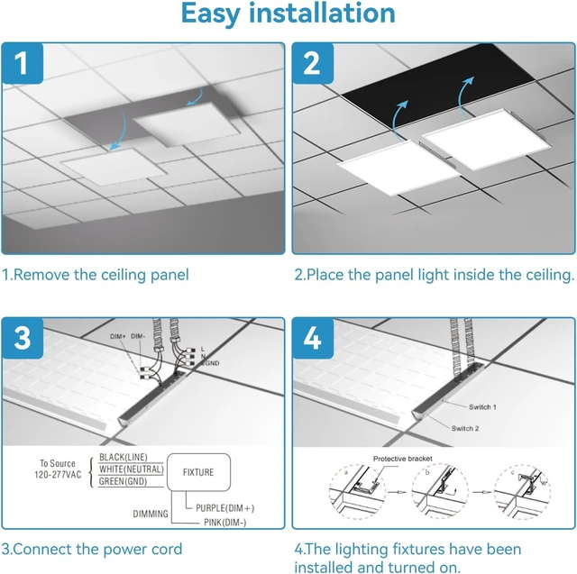 Alt view image 6 of 7 - 2x2 LED Flat Panel Light 2-Pack, Drop Ceiling Fixture, 5 Wattage Selectable (20W/25W/30W/35W/40W), 5 CCT (3000K-6500K), 0-10V Dimmable, ETL/DLC Listed for Office & Kitchen