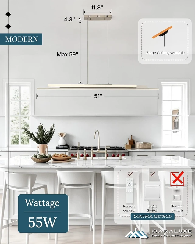 Alt view image 2 of 7 - Modern 3 LED Linear Pendant Light 52 inch Nickel Island Light Dimmable