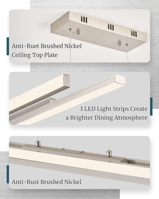 Alt view image 3 of 7 - Modern 3 LED Linear Pendant Light 52 inch Nickel Island Light Dimmable