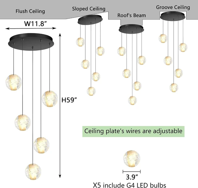 Alt view image 2 of 7 - HAIXIANG 5 Lights Globe Chandelier Modern Crystal Glam Light LED Warm Light Pendant Lights for Dining Room Kitchen Island Black Lighting Fixture