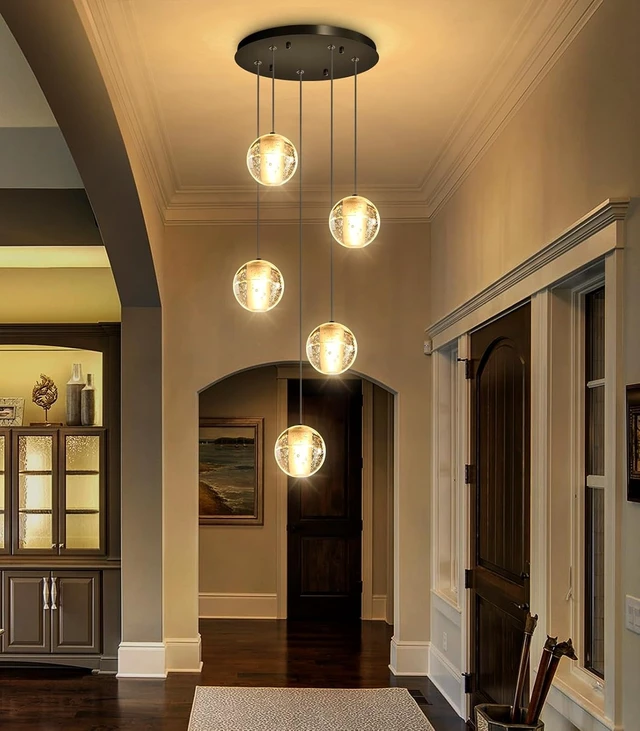 Alt view image 3 of 7 - HAIXIANG 5 Lights Globe Chandelier Modern Crystal Glam Light LED Warm Light Pendant Lights for Dining Room Kitchen Island Black Lighting Fixture
