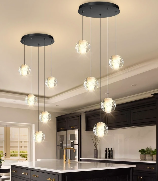 Alt view image 4 of 7 - HAIXIANG 5 Lights Globe Chandelier Modern Crystal Glam Light LED Warm Light Pendant Lights for Dining Room Kitchen Island Black Lighting Fixture