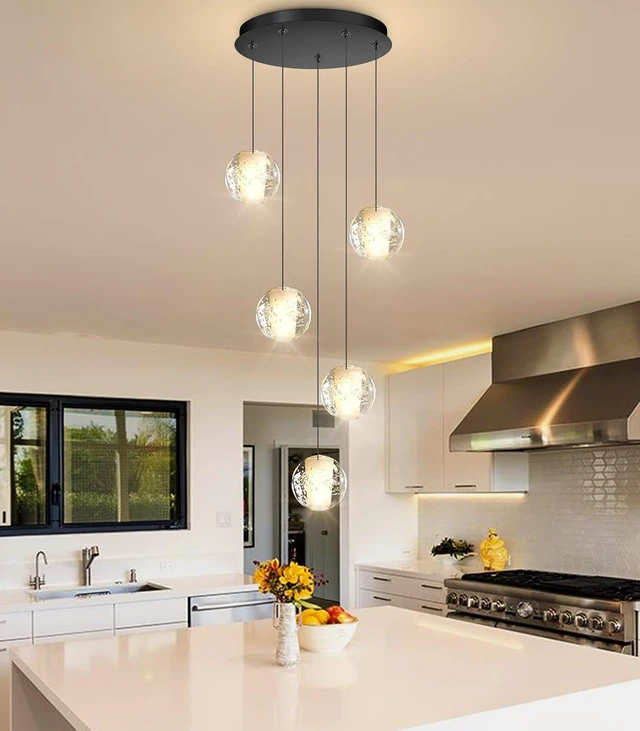 Alt view image 5 of 7 - HAIXIANG 5 Lights Globe Chandelier Modern Crystal Glam Light LED Warm Light Pendant Lights for Dining Room Kitchen Island Black Lighting Fixture