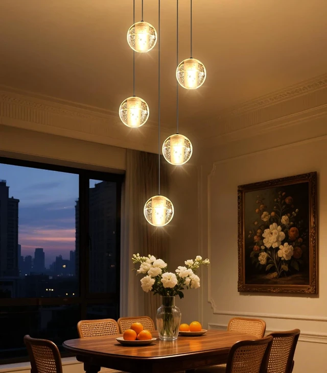 Alt view image 6 of 7 - HAIXIANG 5 Lights Globe Chandelier Modern Crystal Glam Light LED Warm Light Pendant Lights for Dining Room Kitchen Island Black Lighting Fixture