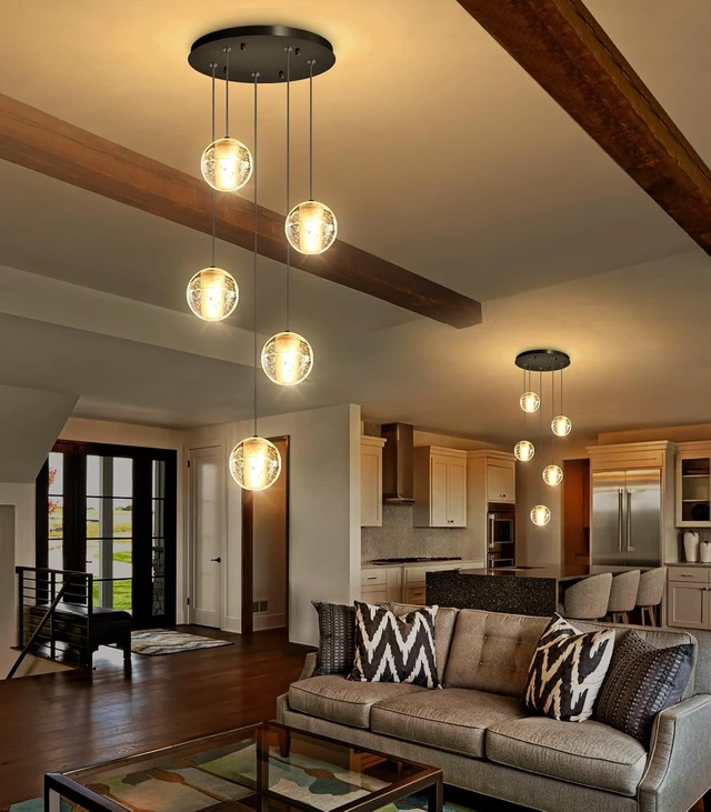 Alt view image 7 of 7 - HAIXIANG 5 Lights Globe Chandelier Modern Crystal Glam Light LED Warm Light Pendant Lights for Dining Room Kitchen Island Black Lighting Fixture