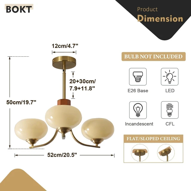 Alt view image 2 of 7 - BOKT Nordic 3-Light Bubble Chandelier Wood Cream Globe Sputnik Chandelier Vintage Ceiling Hanging Lamp with Smooth Glass Persimmon Dining Room Chandelier Modern Indoor Ceiling Lighting Fixtures