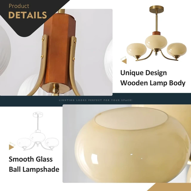Alt view image 3 of 7 - BOKT Nordic 3-Light Bubble Chandelier Wood Cream Globe Sputnik Chandelier Vintage Ceiling Hanging Lamp with Smooth Glass Persimmon Dining Room Chandelier Modern Indoor Ceiling Lighting Fixtures
