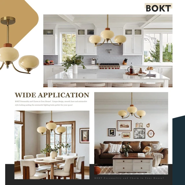 Alt view image 4 of 7 - BOKT Nordic 3-Light Bubble Chandelier Wood Cream Globe Sputnik Chandelier Vintage Ceiling Hanging Lamp with Smooth Glass Persimmon Dining Room Chandelier Modern Indoor Ceiling Lighting Fixtures