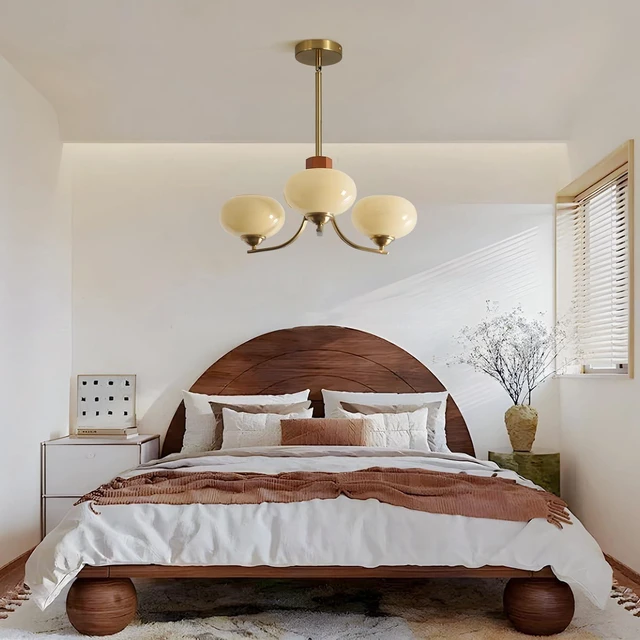 Alt view image 5 of 7 - BOKT Nordic 3-Light Bubble Chandelier Wood Cream Globe Sputnik Chandelier Vintage Ceiling Hanging Lamp with Smooth Glass Persimmon Dining Room Chandelier Modern Indoor Ceiling Lighting Fixtures