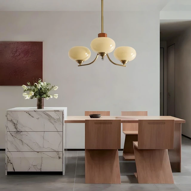 Alt view image 6 of 7 - BOKT Nordic 3-Light Bubble Chandelier Wood Cream Globe Sputnik Chandelier Vintage Ceiling Hanging Lamp with Smooth Glass Persimmon Dining Room Chandelier Modern Indoor Ceiling Lighting Fixtures