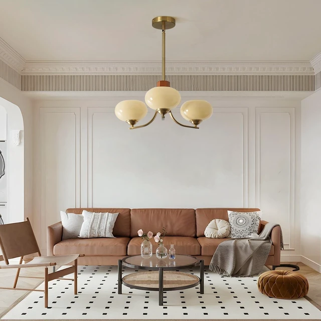 Alt view image 7 of 7 - BOKT Nordic 3-Light Bubble Chandelier Wood Cream Globe Sputnik Chandelier Vintage Ceiling Hanging Lamp with Smooth Glass Persimmon Dining Room Chandelier Modern Indoor Ceiling Lighting Fixtures