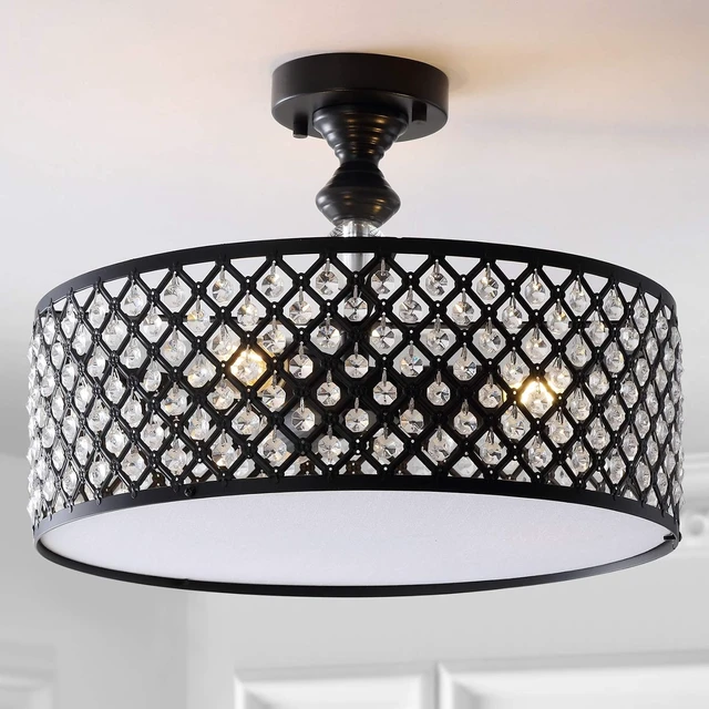 Alt view image 2 of 7 - JONATHAN Y Elise 17" 3-Light Semi-Flush Mount, Metal Crystal Drum, Black