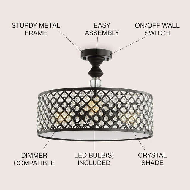Alt view image 3 of 7 - JONATHAN Y Elise 17" 3-Light Semi-Flush Mount, Metal Crystal Drum, Black
