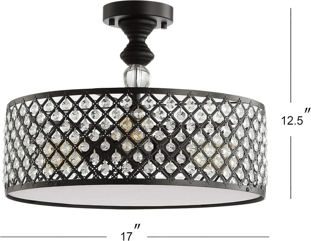 Alt view image 4 of 7 - JONATHAN Y Elise 17" 3-Light Semi-Flush Mount, Metal Crystal Drum, Black