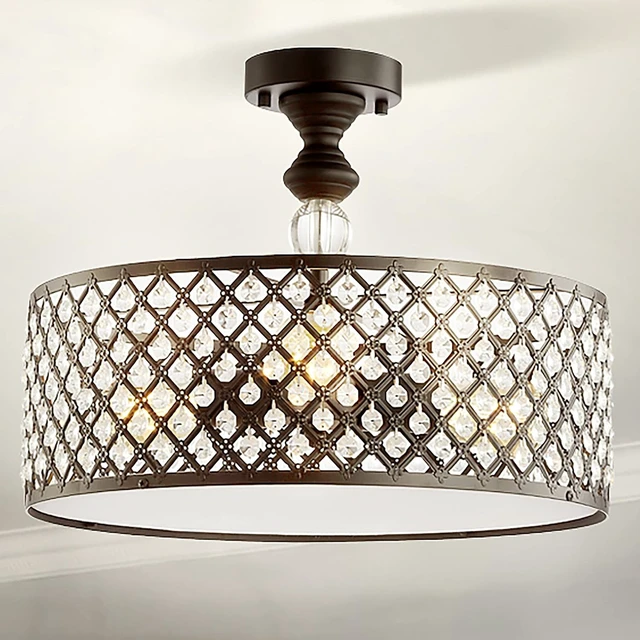 Alt view image 6 of 7 - JONATHAN Y Elise 17" 3-Light Semi-Flush Mount, Metal Crystal Drum, Black
