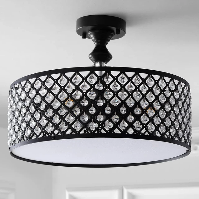 Alt view image 7 of 7 - JONATHAN Y Elise 17" 3-Light Semi-Flush Mount, Metal Crystal Drum, Black