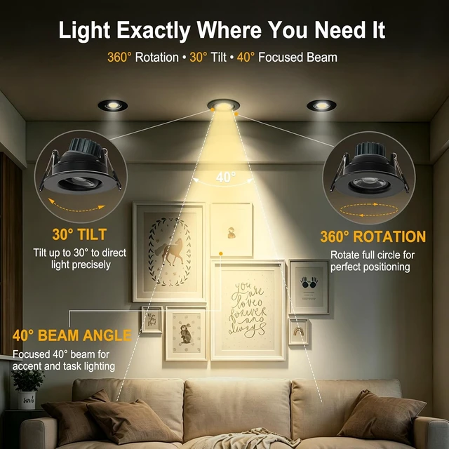 Alt view image 2 of 7 - 3 Inch LED Recessed Light,Adjustable Canless Downlight,Black 12P