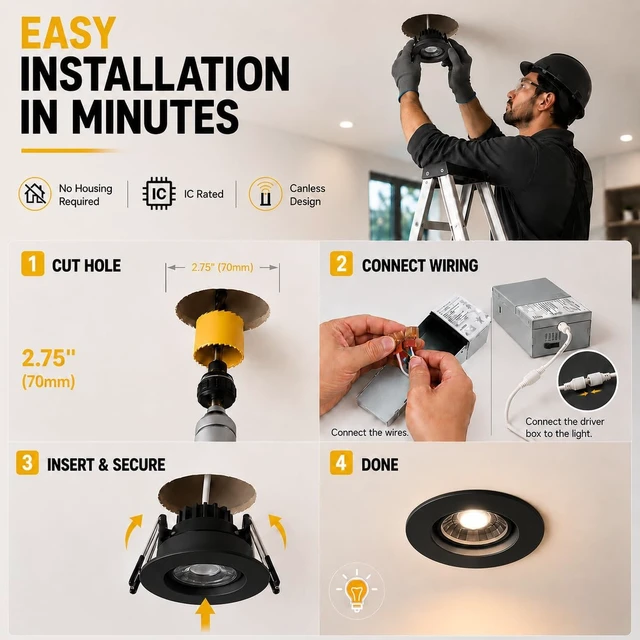 Alt view image 7 of 7 - 3 Inch LED Recessed Light,Adjustable Canless Downlight,Black 12P