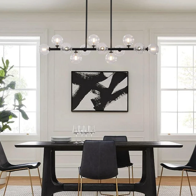 Alt view image 2 of 7 - 50 Inch Large Glass Globe Sputnik Chandelier, 12-Light Mid Century Modern Dining Light Fixture Over Table, Black Linear Chandeliers for Dining Room Kitchen Island Living Room (Clear Bubble)