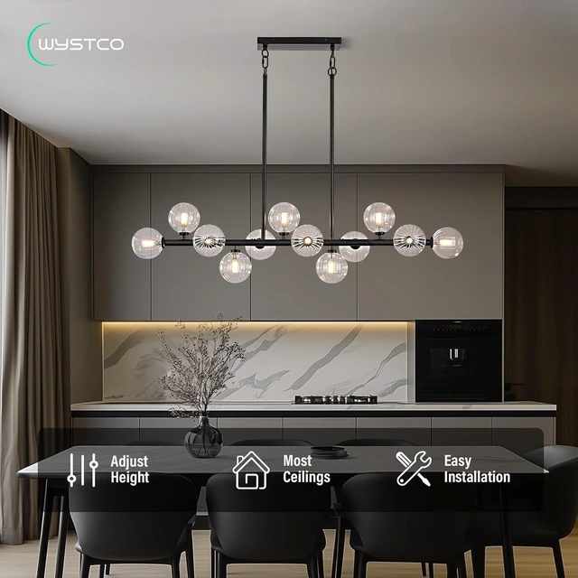 Alt view image 3 of 7 - 50 Inch Large Glass Globe Sputnik Chandelier, 12-Light Mid Century Modern Dining Light Fixture Over Table, Black Linear Chandeliers for Dining Room Kitchen Island Living Room (Clear Bubble)
