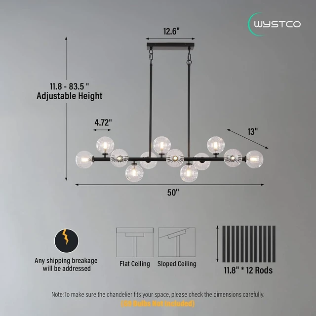 Alt view image 5 of 7 - 50 Inch Large Glass Globe Sputnik Chandelier, 12-Light Mid Century Modern Dining Light Fixture Over Table, Black Linear Chandeliers for Dining Room Kitchen Island Living Room (Clear Bubble)